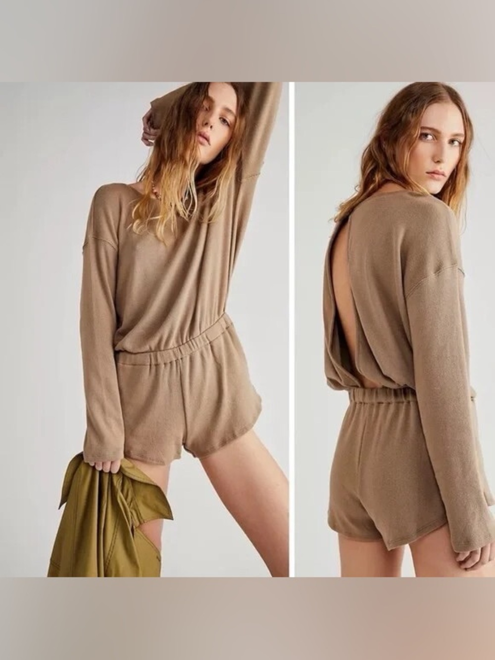 Free People Beach Captain Romper Taupe Scoop Neck Open Back Knit Romper Small